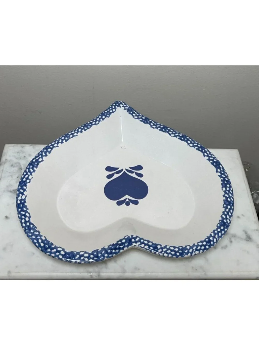 Large Vintage Heart Shaped Ceramic Serving Bowl | Blue & White Folk Art Dish